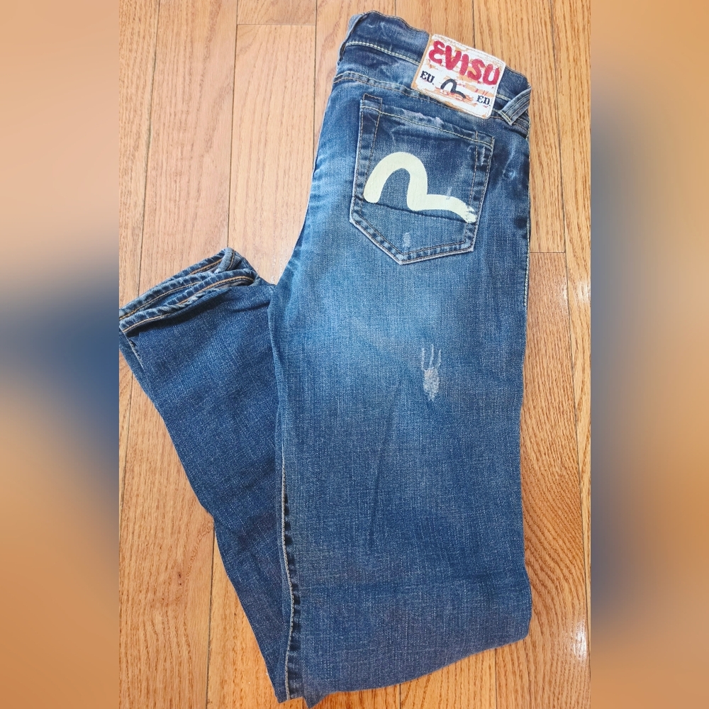 Evisu Women's Dark Blue Skinny Lowrise Jeans - Distressed Wash Size 28X30